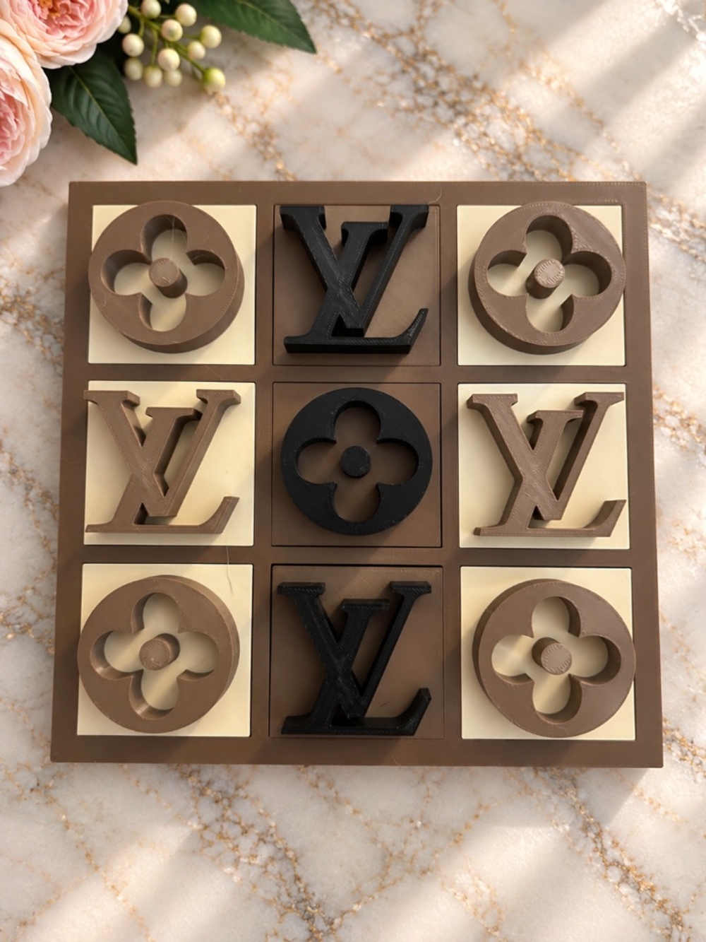 Handcrafted LV Tic Tac Toe Game 3D Printed Brown Tan & Black